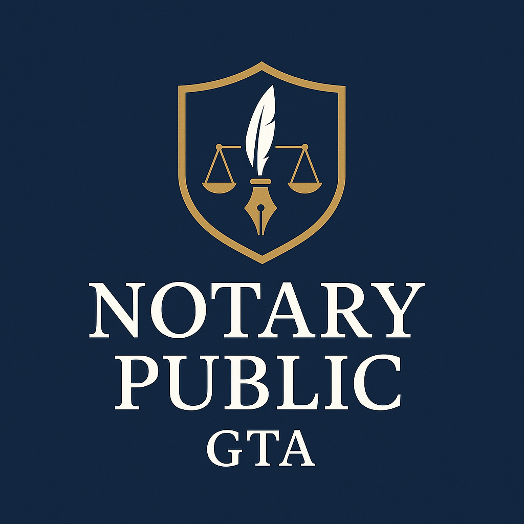 Professional Notary Public GTA logo with quill pen and justice scales – certified notary and commissioner of oaths in Etobicoke